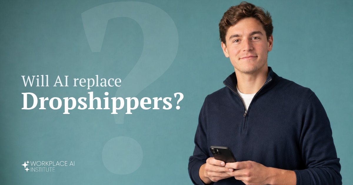 Will AI replace dropshippers? An ecommerce seller in a navy pullover holding a phone against a teal wall.