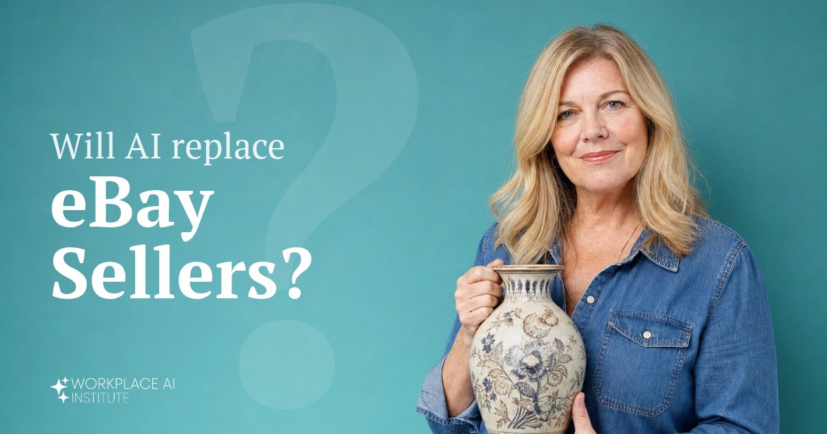 Will AI replace eBay sellers? An online reseller in a denim shirt holding a vintage vase against a teal wall.