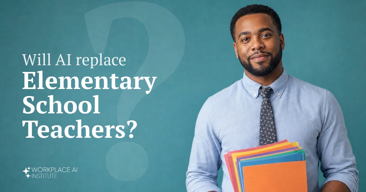 Will AI replace elementary school teachers? An elementary school teacher holding colored construction paper against a teal wall.