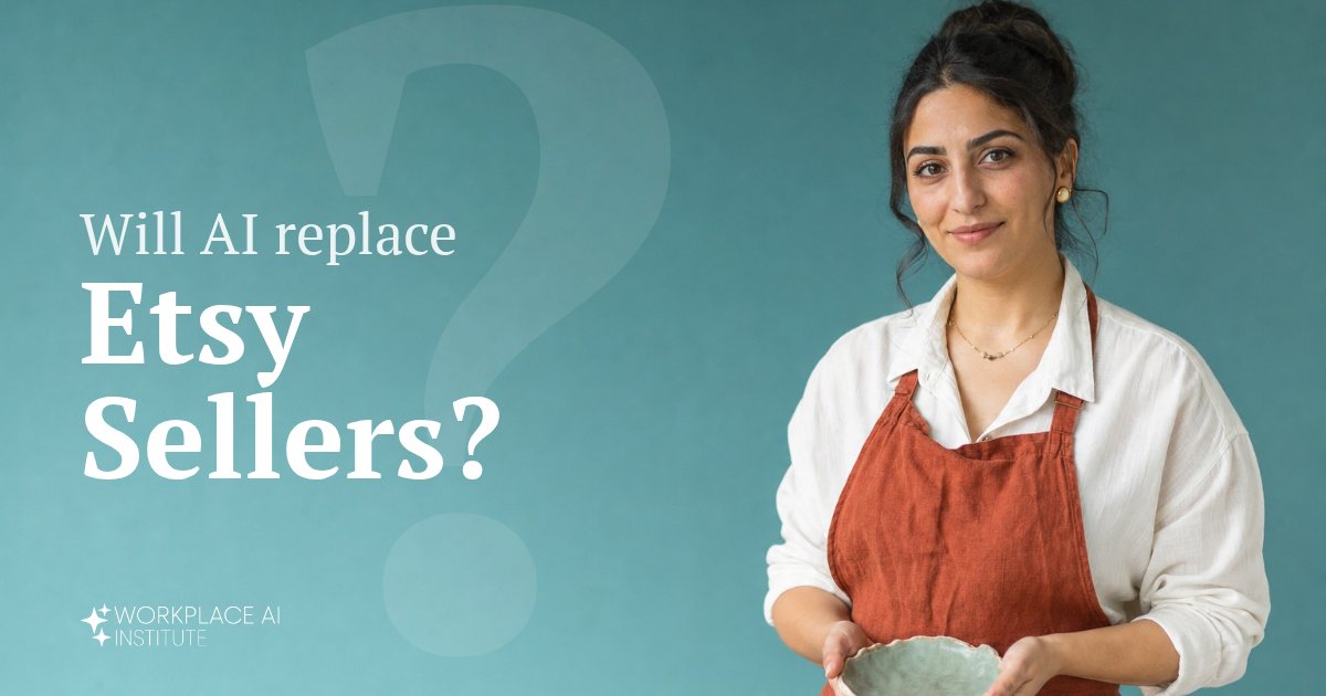 Will AI replace Etsy sellers? A handmade goods seller in a linen apron holding a ceramic dish against a teal wall.