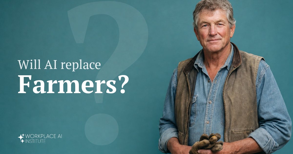 Will AI replace farmers? A farmer in a denim shirt and canvas vest holding work gloves against a teal wall.