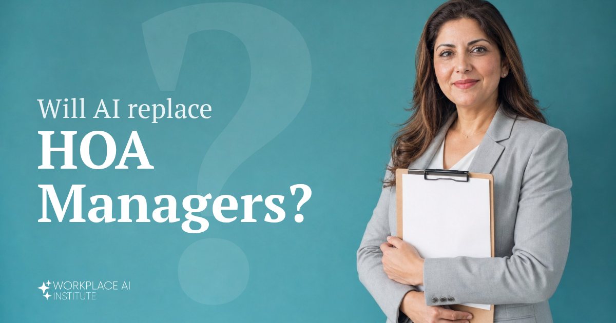 Will AI replace HOA managers? An HOA manager in a grey blazer holding a clipboard against a teal wall.