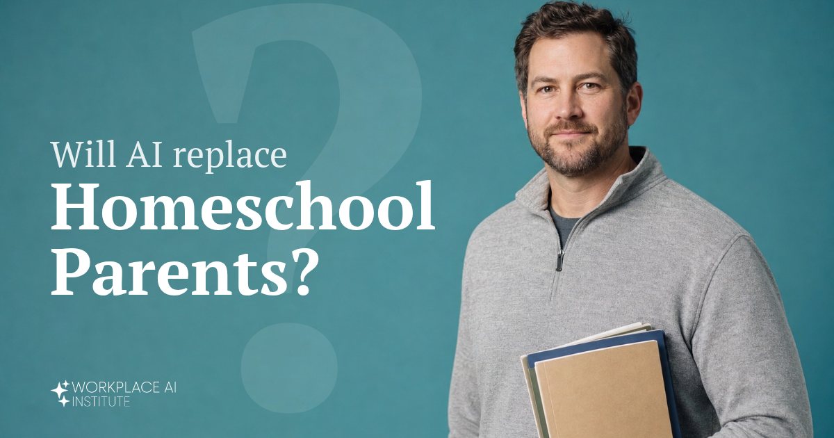Will AI replace homeschool parents? A homeschool parent in a grey quarter-zip holding workbooks against a teal wall.