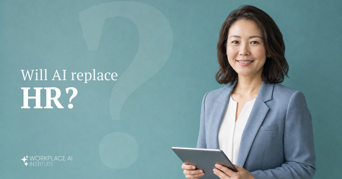 Will AI replace HR? An HR manager in a blue blazer holding a tablet against a teal wall.