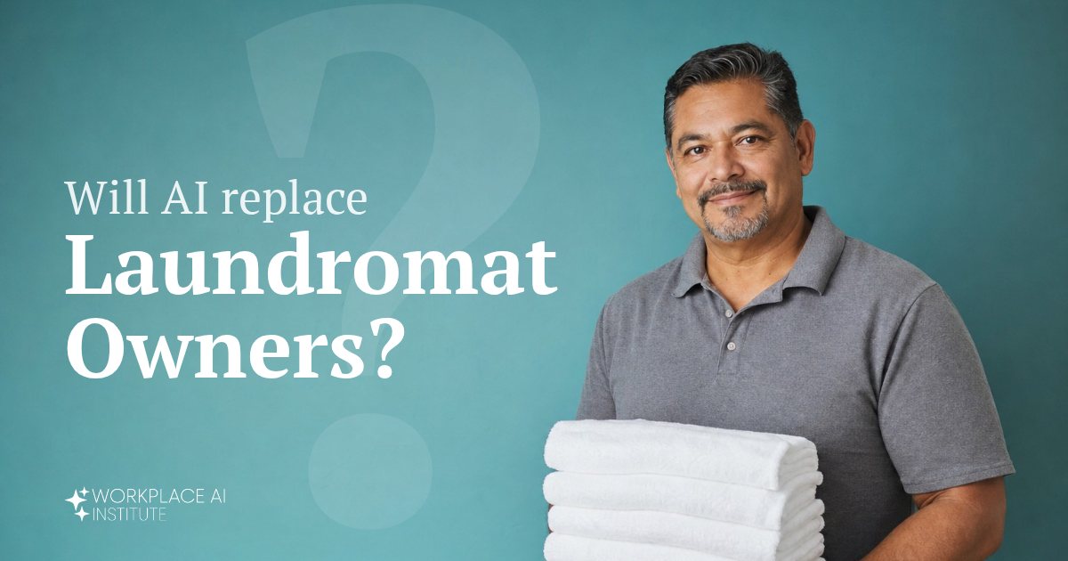 Will AI replace laundromat owners? A laundromat owner in a grey polo holding folded towels against a teal wall.