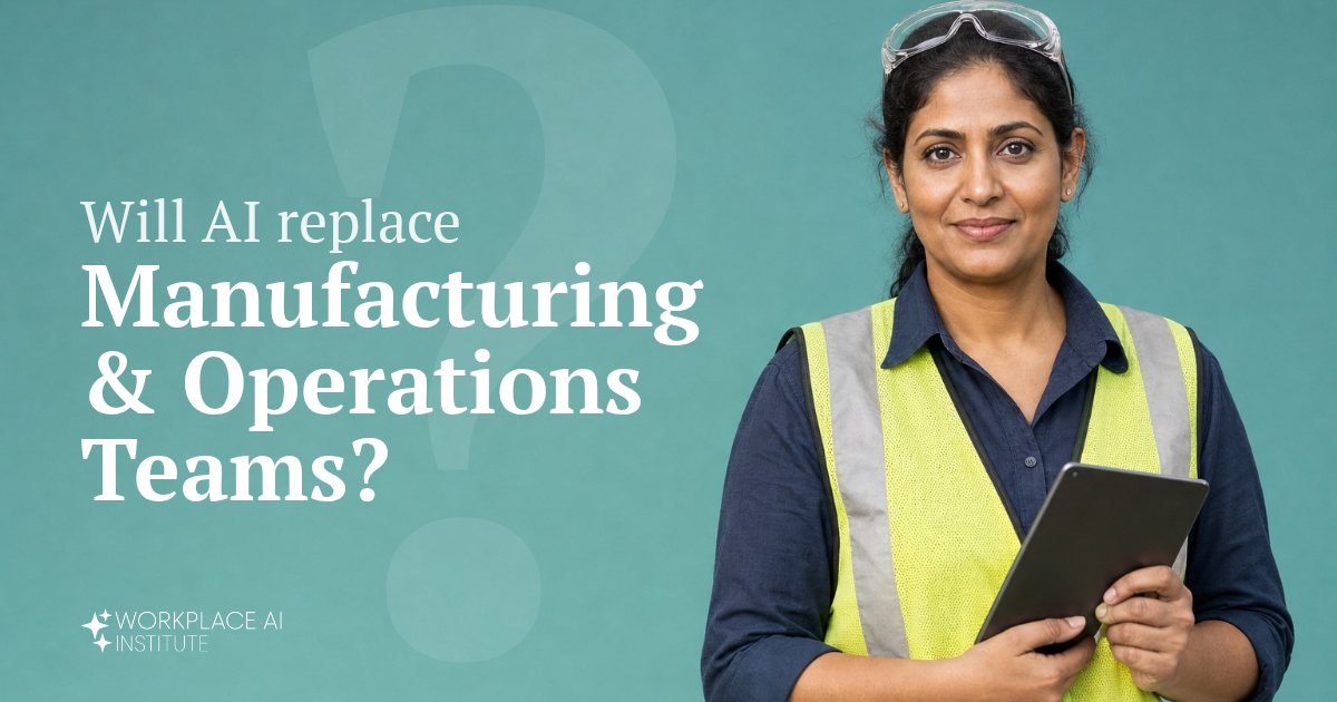 Will AI replace manufacturing & operations teams? An operations manager in a safety vest holding a tablet against a teal wall.