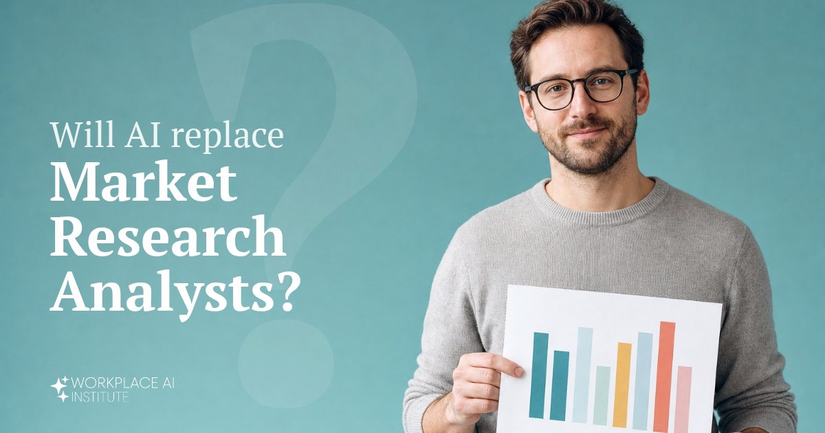 Will AI replace market research analysts? A market research analyst in a grey sweater holding a printed chart against a teal wall.