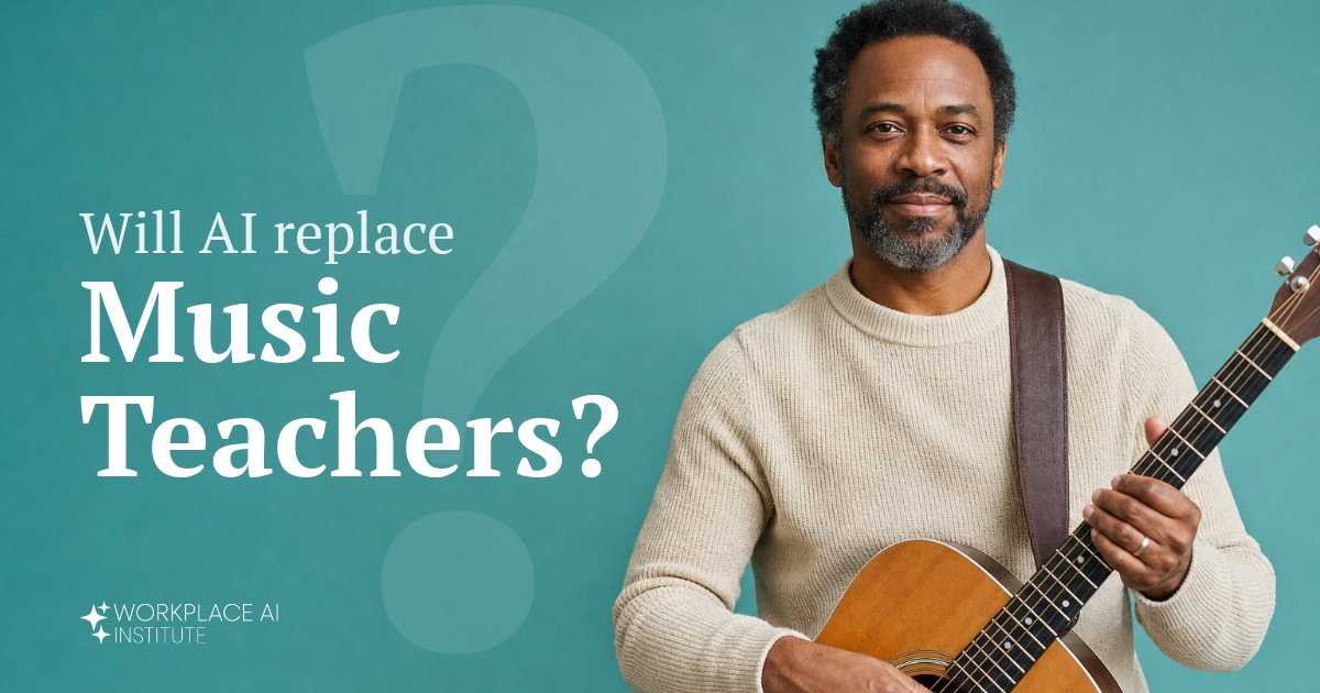 Will AI replace music teachers? A music teacher in a cream sweater holding an acoustic guitar against a teal wall.