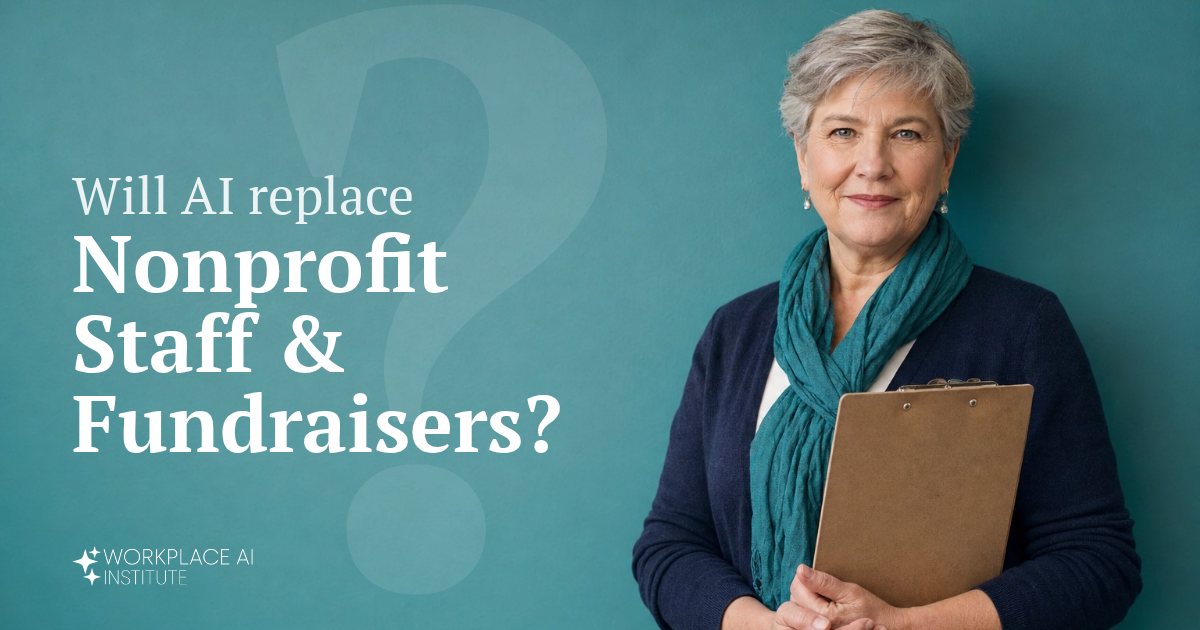 Will AI replace nonprofit staff & fundraisers? A nonprofit staff member in a navy cardigan holding a clipboard against a teal wall.