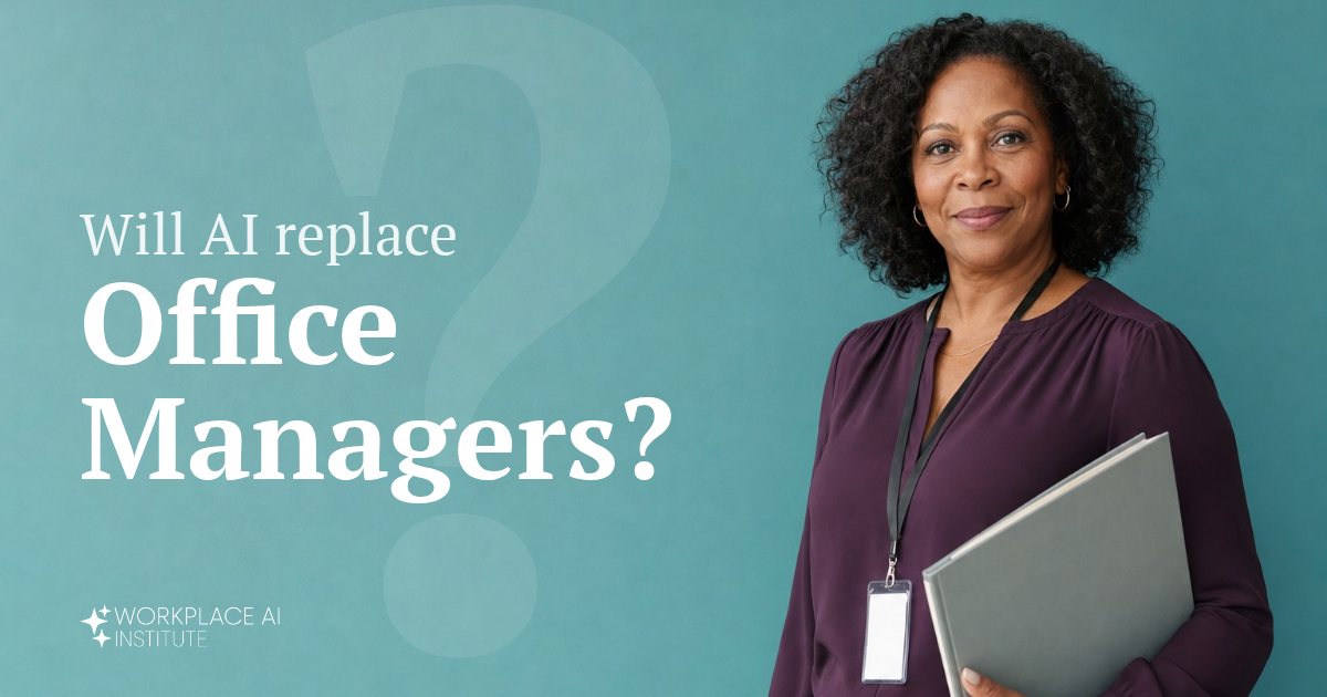 Will AI replace office managers? An office manager in a plum blouse holding a binder against a teal wall.