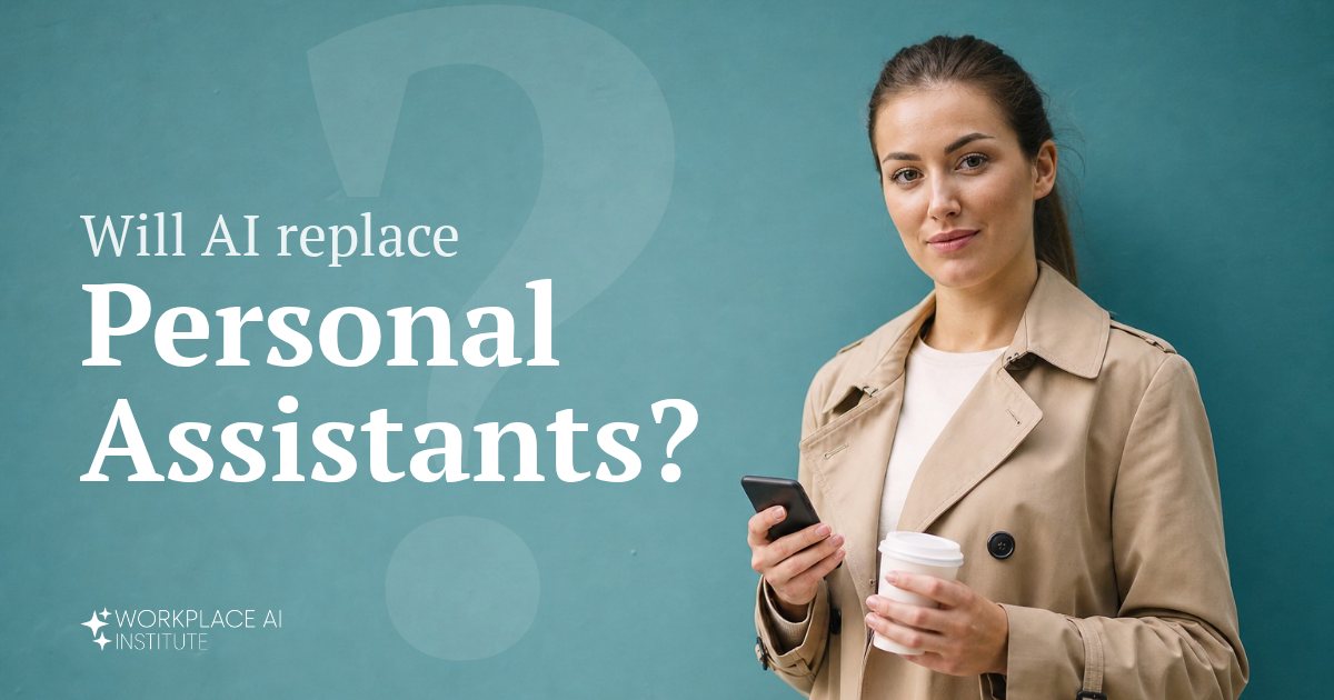 Will AI replace personal assistants? A personal assistant in a trench coat holding a phone and coffee against a teal wall.