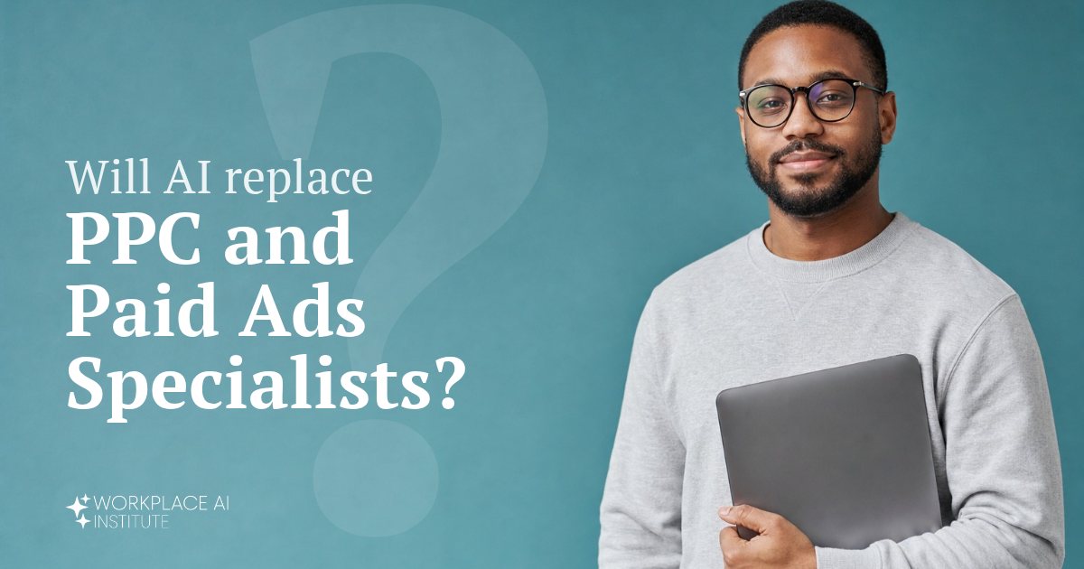 Will AI replace PPC and paid ads specialists? A paid ads specialist in a grey sweatshirt holding a laptop against a teal wall.