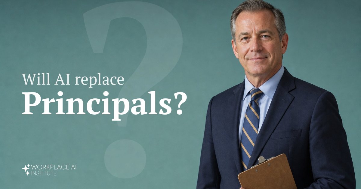 Will AI replace principals? A school principal in a navy jacket holding a clipboard against a teal wall.
