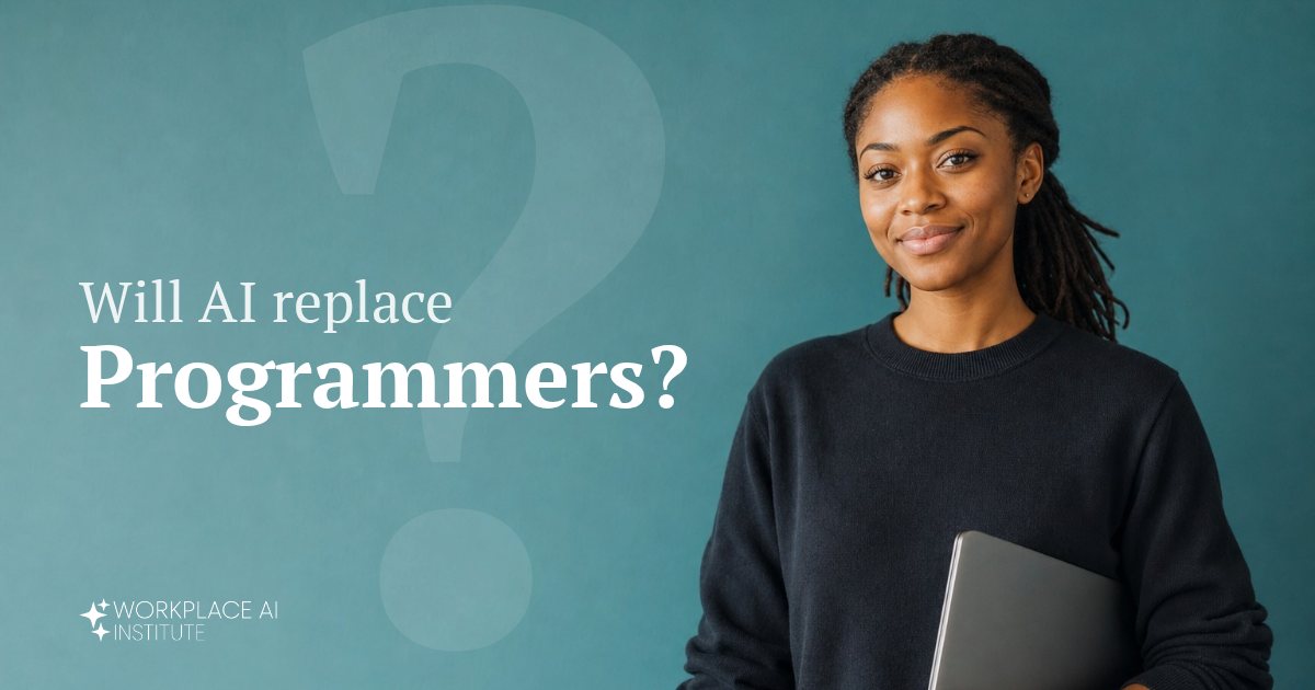 Will AI replace programmers? A software developer in a dark sweater holding a laptop against a teal wall.
