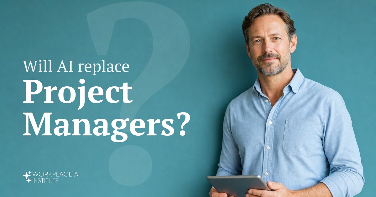 Will AI replace project managers? A project manager in a blue oxford shirt holding a tablet against a teal wall.