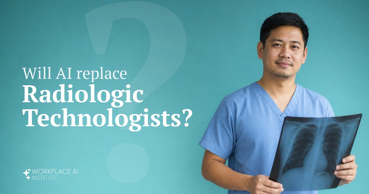 Will AI replace radiologic technologists? A radiologic technologist in blue scrubs holding an X-ray film against a teal wall.