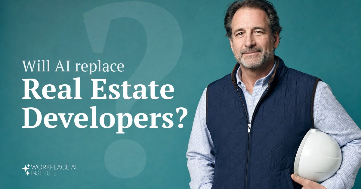 Will AI replace real estate developers? A real estate developer in a quilted vest holding a hard hat against a teal wall.