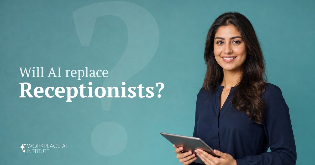 Will AI replace receptionists? A receptionist in a navy blouse holding a tablet against a teal wall.