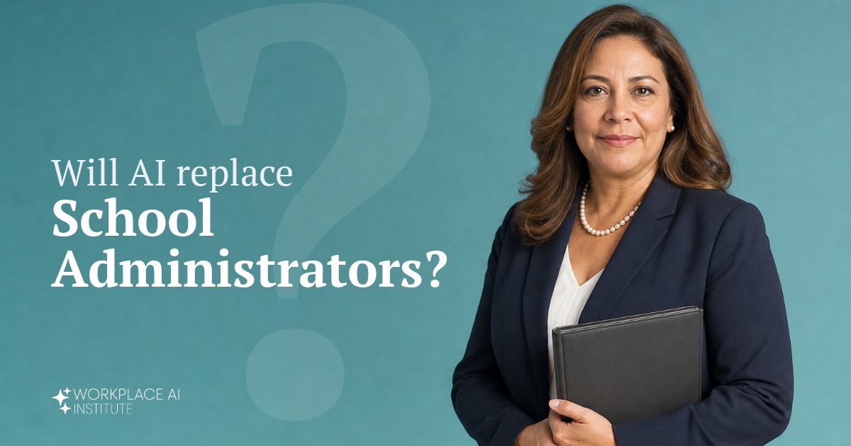 Will AI replace school administrators? A school administrator in a navy blazer holding a binder against a teal wall.