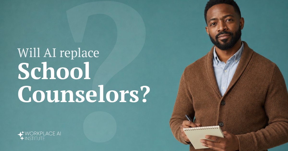 Will AI replace school counselors? A school counselor in a brown cardigan holding a notepad against a teal wall.