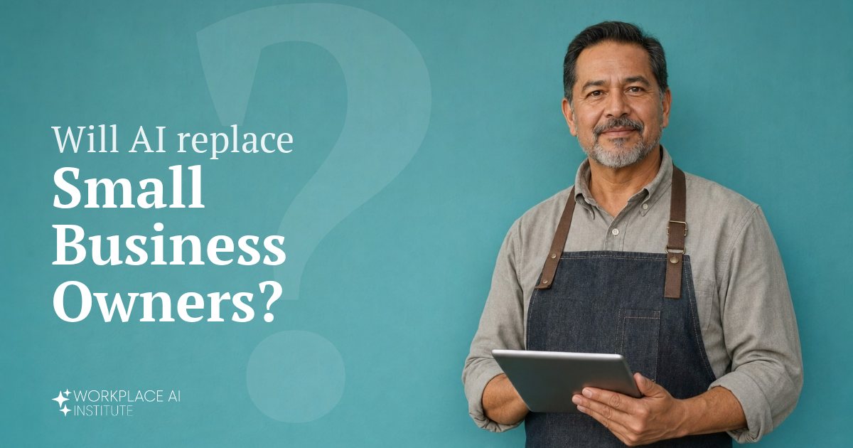 Will AI replace small business owners? A small business owner in an apron holding a tablet against a teal wall.