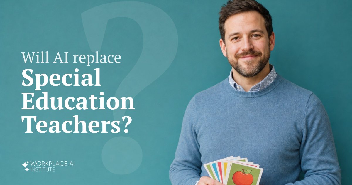 Will AI replace special education teachers? A special education teacher in a blue sweater holding picture cards against a teal wall.