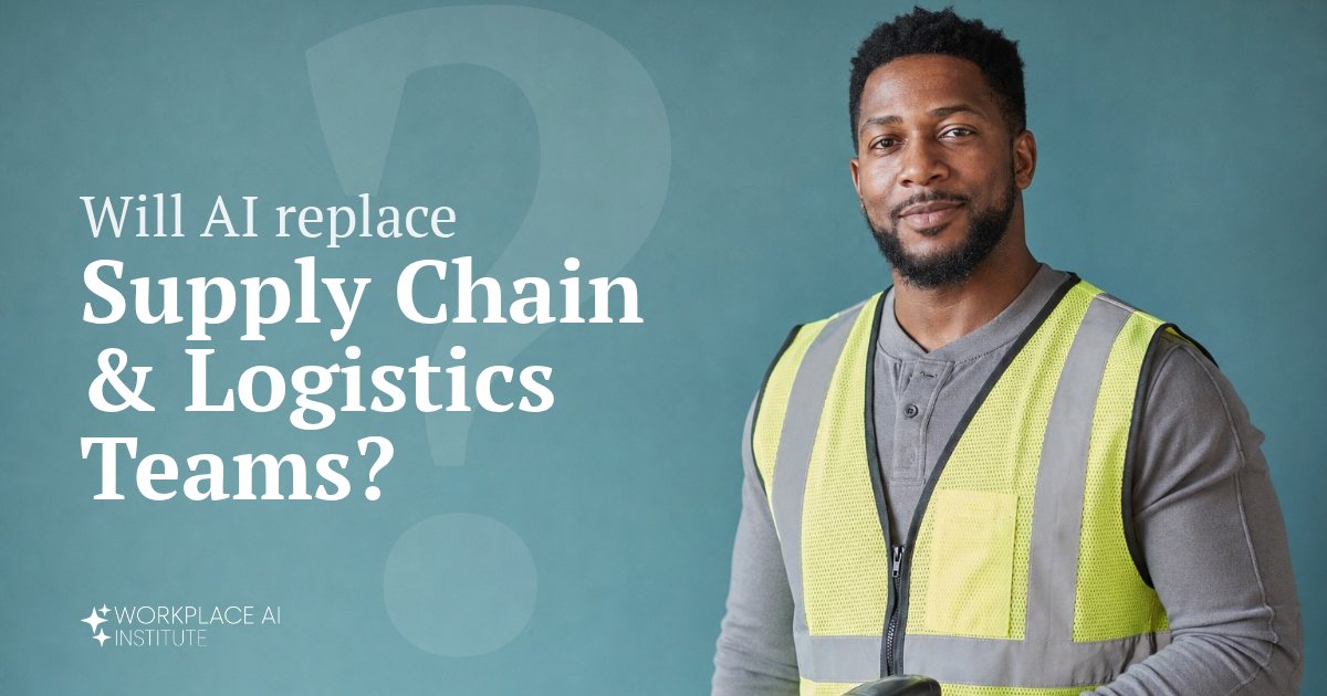 Will AI replace supply chain & logistics teams? A logistics coordinator in a safety vest holding a barcode scanner against a teal wall.