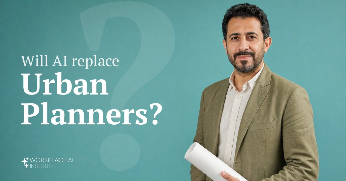 Will AI replace urban planners? An urban planner in an olive blazer holding a rolled map against a teal wall.