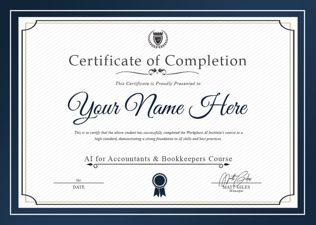 AI for Accountants & Bookkeepers Course Certificate